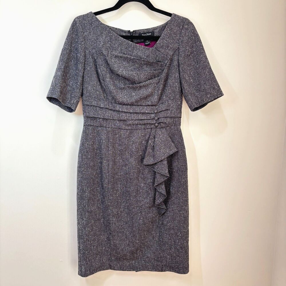 White House Black Market Gray Tweed Shift Dress 6 Side Ruching Office Academia